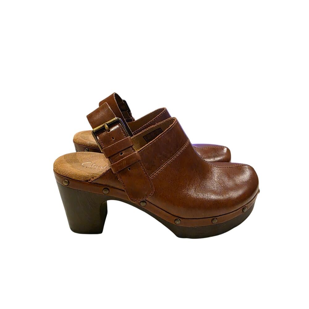 Clarks Ledella York Leather Clog Mules Womens 7 Brown Wooden Heel Buckle Shoes